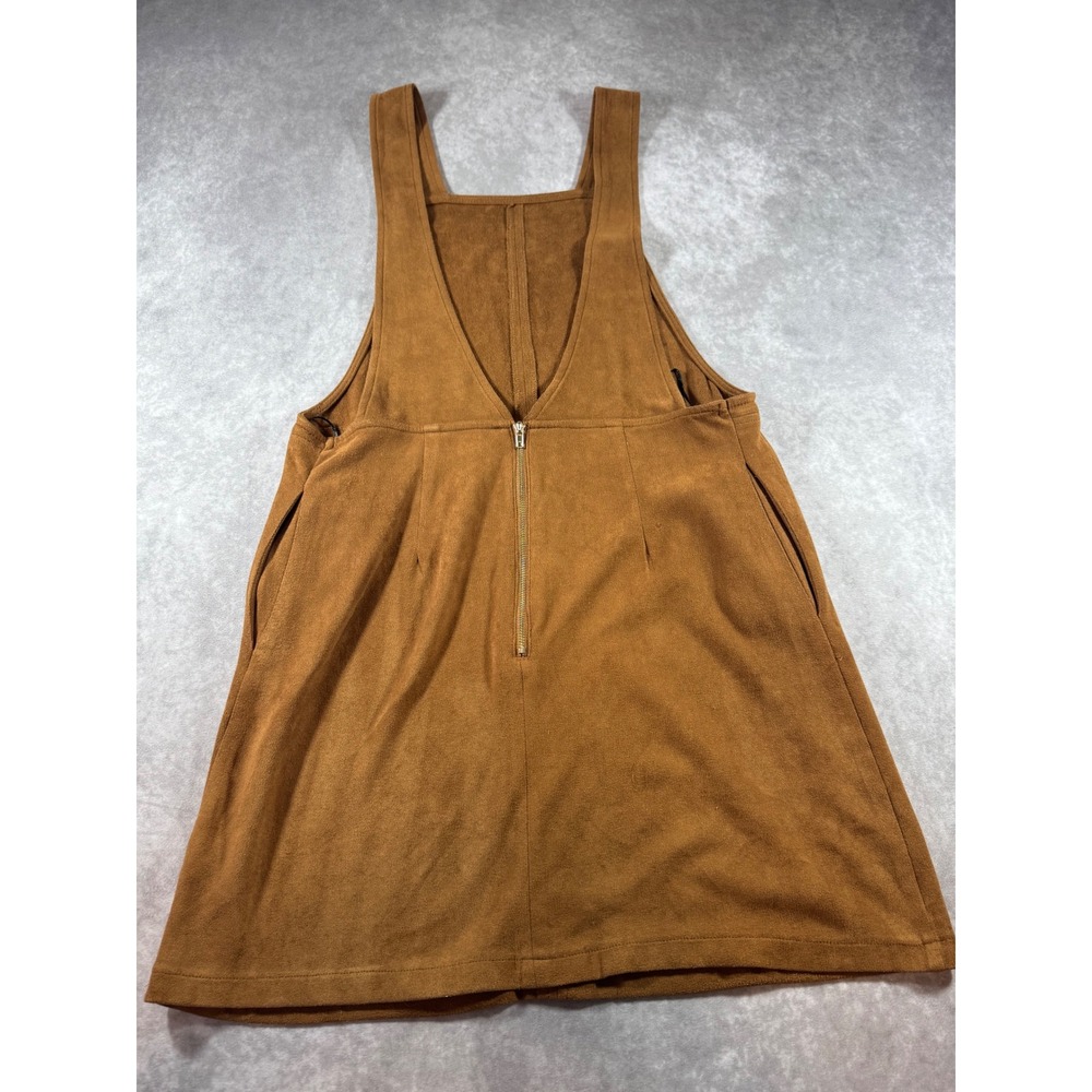 Evie Brown Faux Suede Pinafore Dress Size 8 Pockets Back Zip Overall Mini Dress - Picture 2 of 4
